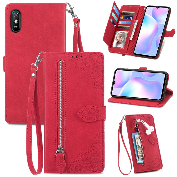 

For Xiaomi Redmi 9A Embossed Flower Zipper Leather Phone Case(Red)