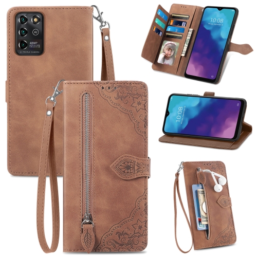 

For ZTE Blade V30 Vita Embossed Flower Zipper Leather Phone Case(Brown)