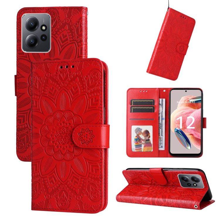 

For Xiaomi Redmi Note 12 4G Global Embossed Sunflower Leather Phone Case(Red)