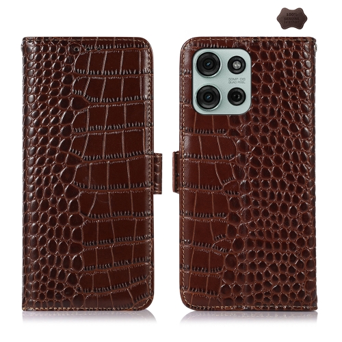 

For Motorola Moto G75 5G Crocodile Top Layer Cowhide Leather Phone Case(Brown)