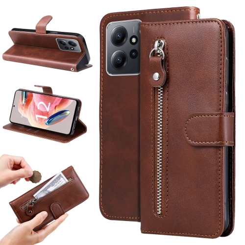 

For Xiaomi Redmi Note 12 4G Global Calf Texture Zipper Leather Phone Case(Brown)