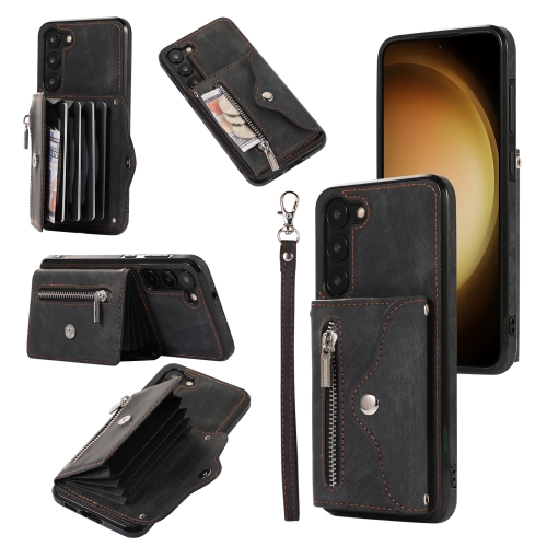 

For Samsung Galaxy S23 5G Zipper RFID Card Slots Phone Case with Short Lanyard(Black)