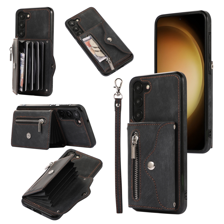 

For Samsung Galaxy S22 5G Zipper RFID Card Slots Phone Case with Short Lanyard(Black)