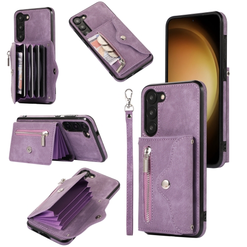 

For Samsung Galaxy S21 5G Zipper RFID Card Slots Phone Case with Short Lanyard(Purple)