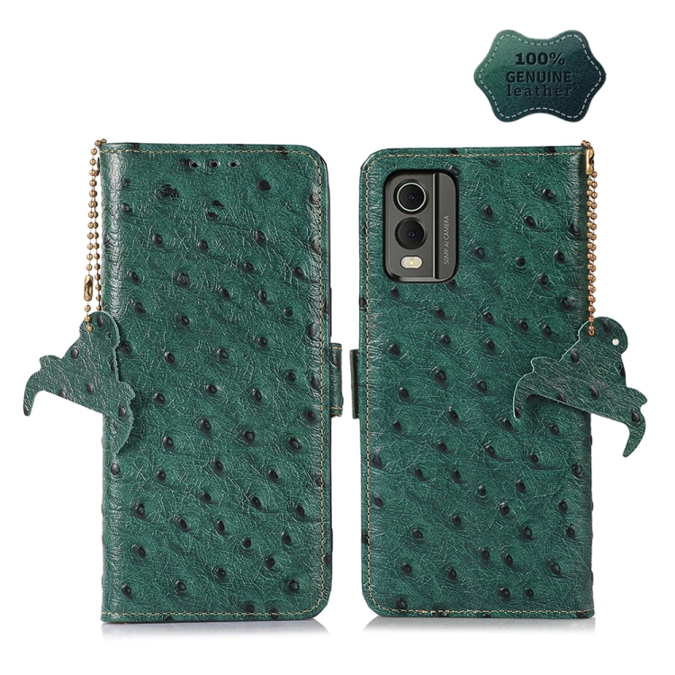 

For Nokia C32 4G Ostrich Pattern Genuine Leather RFID Phone Case(Green)