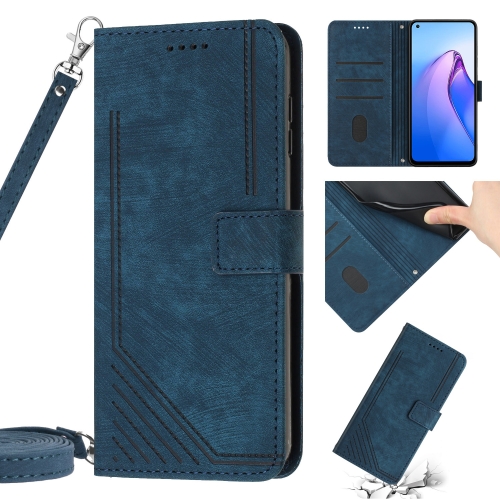 

Skin Feel Stripe Pattern Leather Phone Case with Lanyard for OPPO F21 Pro 5G/F21s Pro 5G/Reno7 Z/Reno7 Lite/Reno8 Lite/Reno8 Z 5G/OnePlus Nord N20 5G Global(Blue)