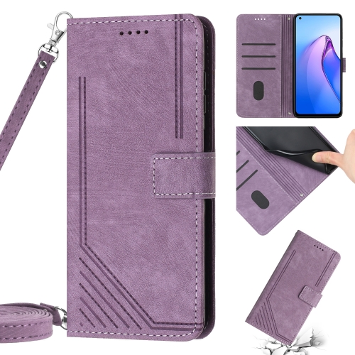 

For OPPO A74 5G / A93 5G / A54 5G Skin Feel Stripe Pattern Leather Phone Case with Lanyard(Purple)
