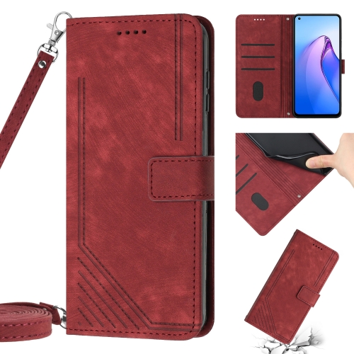 

For OPPO A73 2020 / F17 Skin Feel Stripe Pattern Leather Phone Case with Lanyard(Red)