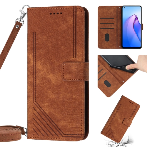 

For OPPO A15 / A15s / A35 Skin Feel Stripe Pattern Leather Phone Case with Lanyard(Brown)