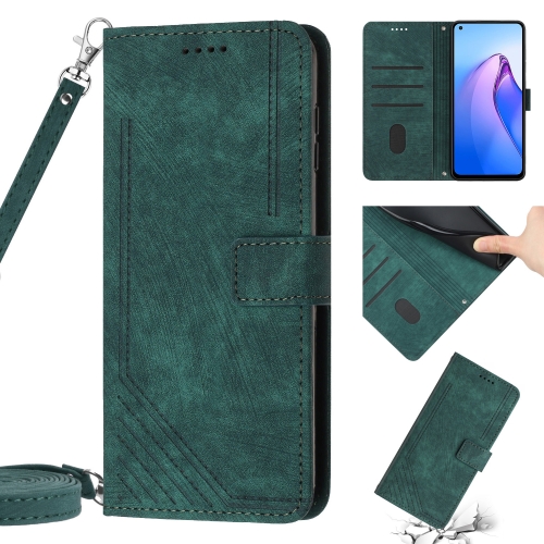 

For OPPO A15 / A15s / A35 Skin Feel Stripe Pattern Leather Phone Case with Lanyard(Green)