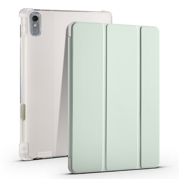 

For Lenovo Pad Plus 2023 11.5 inch 3-fold Clear TPU Leather Tablet Case with Pen Slot(Light Green)