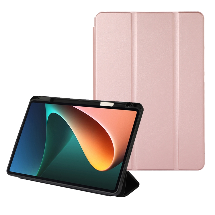 

For Xiaomi Pad 5 Solid Color 3-folding Leather Tablet Case(Rose Gold)