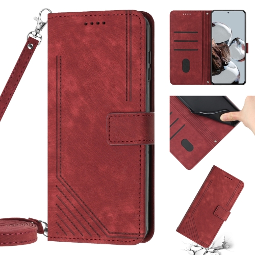 

For Xiaomi 12 Lite Skin Feel Stripe Pattern Leather Phone Case with Lanyard(Red)