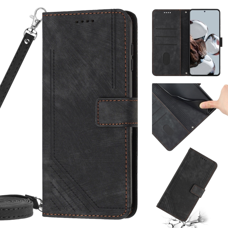 

For Xiaomi 12 Lite Skin Feel Stripe Pattern Leather Phone Case with Lanyard(Black)