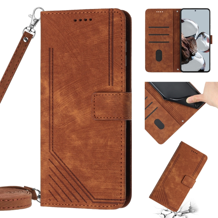 

For Xiaomi 11T / 11T Pro Skin Feel Stripe Pattern Leather Phone Case with Lanyard(Brown)