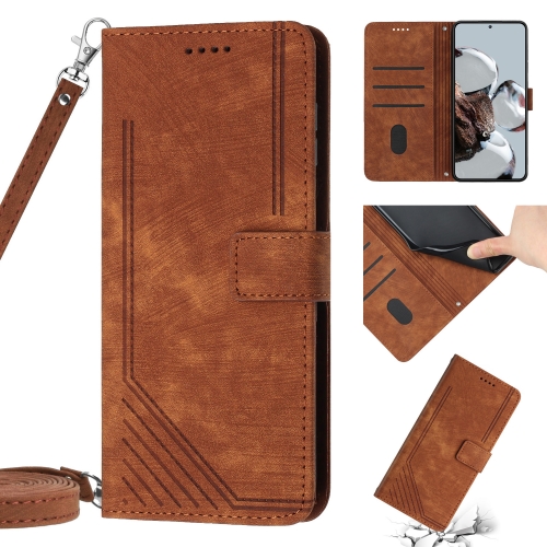 

For Xiaomi Poco M4 5G / Poco M5 4G Skin Feel Stripe Pattern Leather Phone Case with Lanyard(Brown)