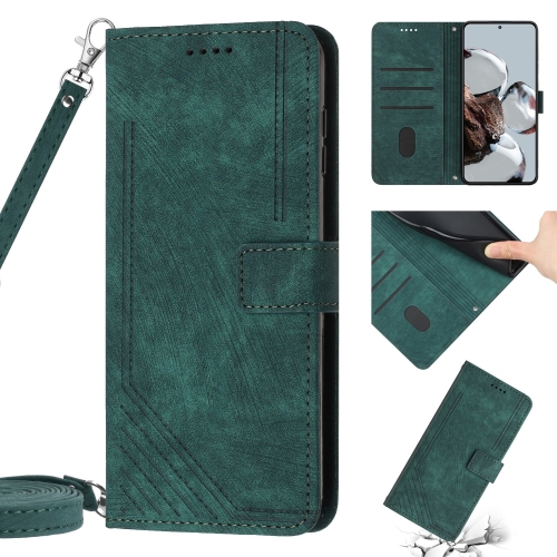 

For Xiaomi Poco X4 Pro 5G Skin Feel Stripe Pattern Leather Phone Case with Lanyard(Green)
