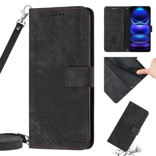 

For Xiaomi Redmi Note 11 / Note 11s Global Skin Feel Stripe Pattern Leather Phone Case with Lanyard(Black)