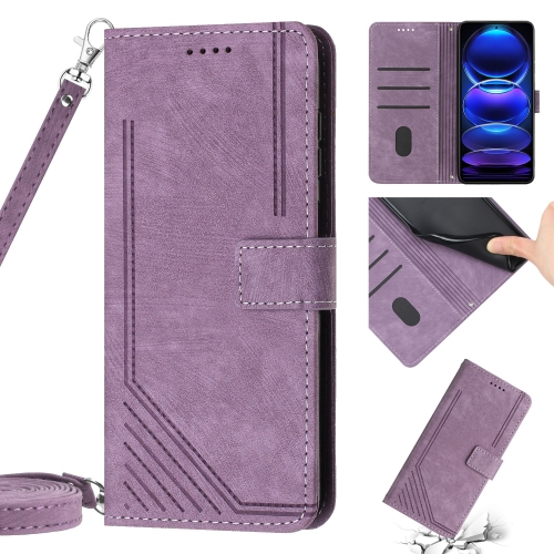 

Skin Feel Stripe Pattern Leather Phone Case with Lanyard for Xiaomi Redmi Note 11E / Redmi 10 5G 2022 / Redmi 10 Prime+ 5G India / Poco M4 5G(Purple)
