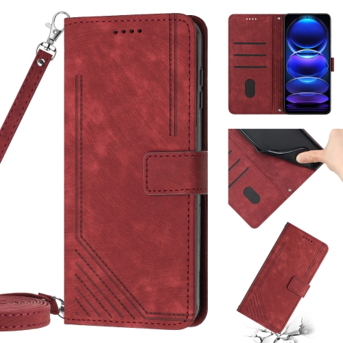 

For Xiaomi Redmi Note 11T 5G / Poco M4 Pro 5G Skin Feel Stripe Pattern Leather Phone Case with Lanyard(Red)