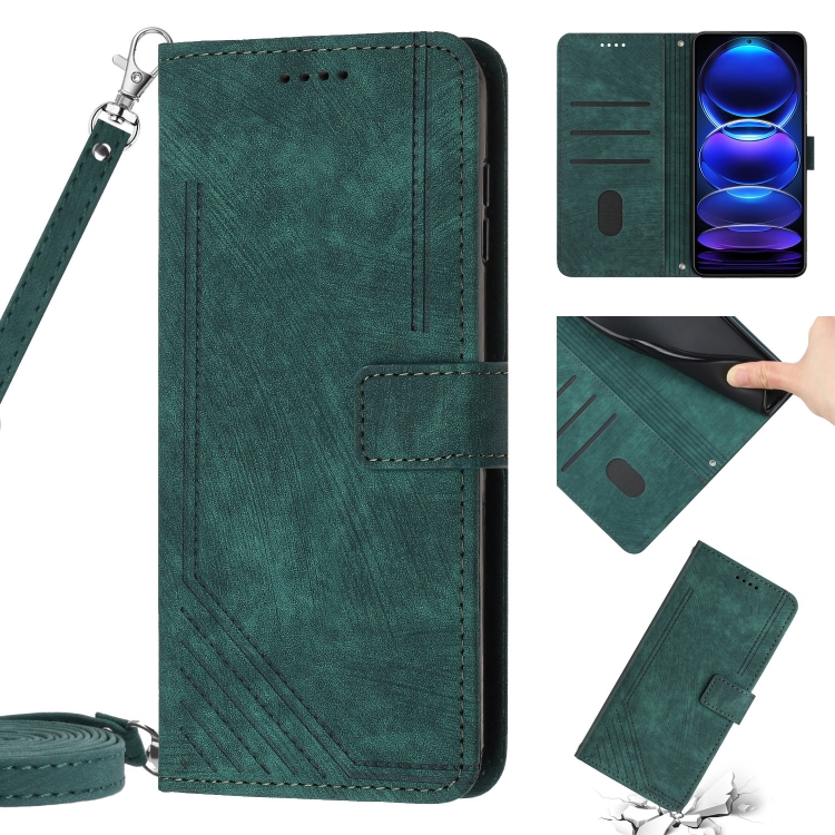 

For Xiaomi Redmi K60 / K60 Pro Skin Feel Stripe Pattern Leather Phone Case with Lanyard(Green)