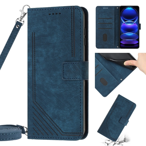 

For Xiaomi Redmi A1 Skin Feel Stripe Pattern Leather Phone Case with Lanyard(Blue)