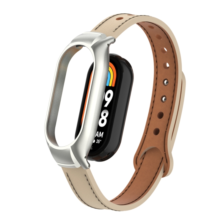 

For Xiaomi Mi Band 8 Integrated Metal Case + Double Nail Microfiber Leather Watch Band(Milk Tea Color)