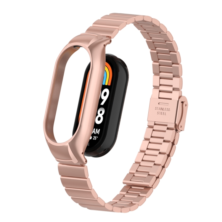 

For Xiaomi Mi Band 8 Integrated Mental Case + Bamboo One-bead Buckle Watch Band(Rose Red)