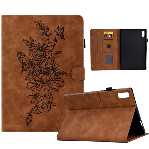 

For Lenovo Tab P11 Gen 2 Peony Butterfly Embossed Leather Tablet Case(Brown)