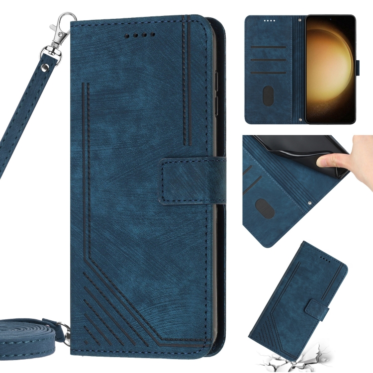 

For Samsung Galaxy S23 Ultra 5G Skin Feel Stripe Pattern Leather Phone Case with Lanyard(Blue)