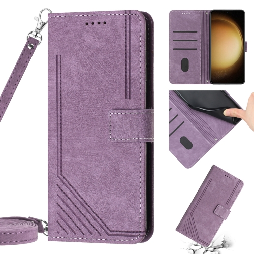 

For Samsung Galaxy S21 5G Skin Feel Stripe Pattern Leather Phone Case with Lanyard(Purple)