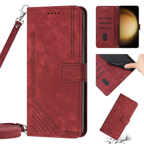 

For Samsung Galaxy S10e Skin Feel Stripe Pattern Leather Phone Case with Lanyard(Red)