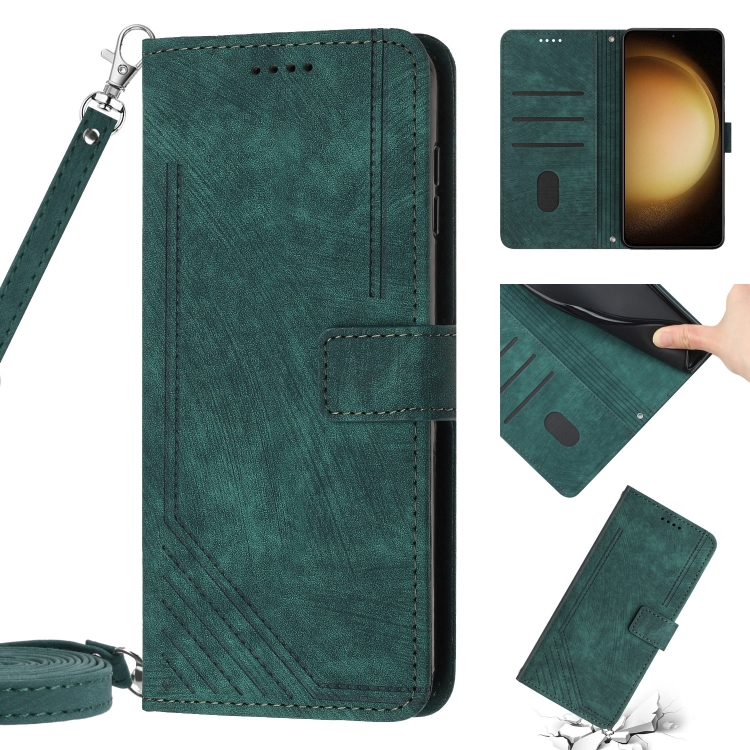 

For Samsung Galaxy Note20 Ultra Skin Feel Stripe Pattern Leather Phone Case with Lanyard(Green)