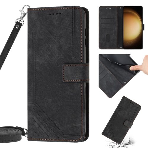 

For Samsung Galaxy Note10+ Skin Feel Stripe Pattern Leather Phone Case with Lanyard(Black)