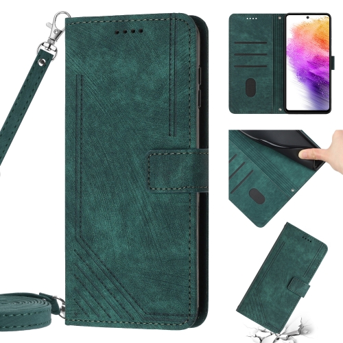 

For Samsung Galaxy A02 EU / M02 Skin Feel Stripe Pattern Leather Phone Case with Lanyard(Green)