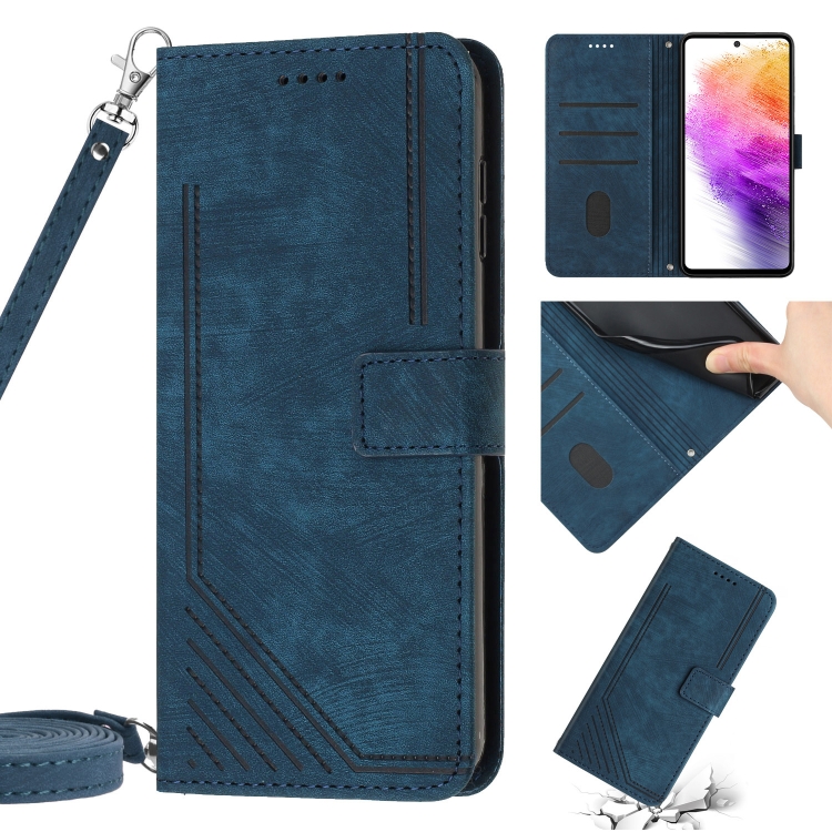 

For Samsung Galaxy A04e / F04 Skin Feel Stripe Pattern Leather Phone Case with Lanyard(Blue)