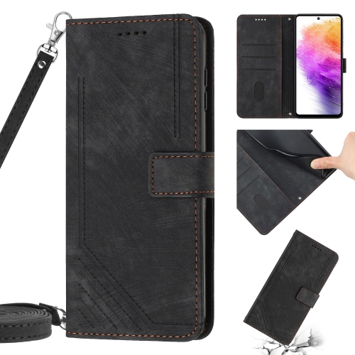 

For Samsung Galaxy A11 / M11 Skin Feel Stripe Pattern Leather Phone Case with Lanyard(Black)