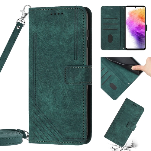 

For Samsung Galaxy A21s Skin Feel Stripe Pattern Leather Phone Case with Lanyard(Green)