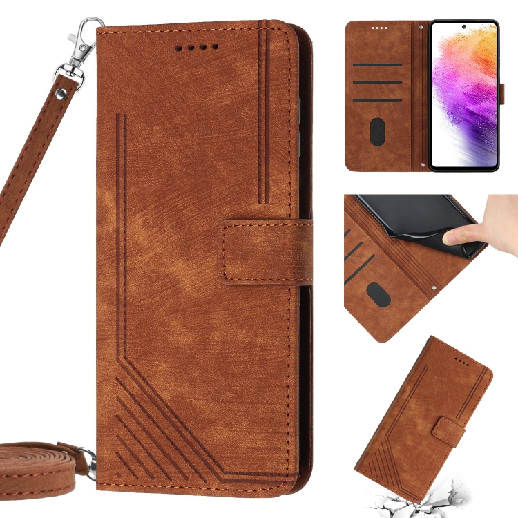

For Samsung Galaxy A22 5G Skin Feel Stripe Pattern Leather Phone Case with Lanyard(Brown)