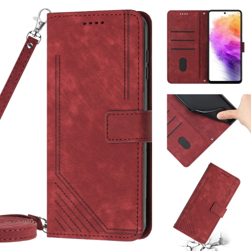 

For Samsung Galaxy A72 5G / 4G Skin Feel Stripe Pattern Leather Phone Case with Lanyard(Red)