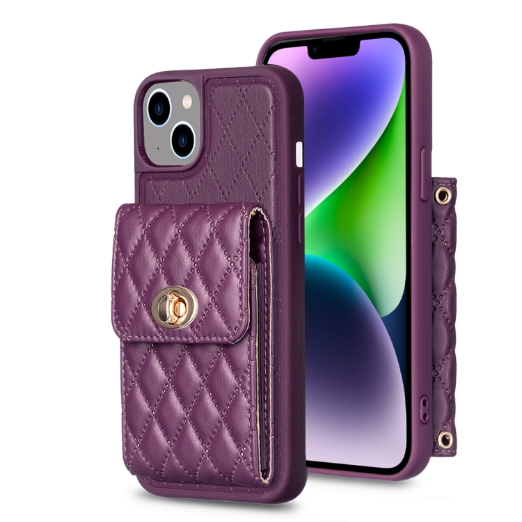

For iPhone 14 Vertical Metal Buckle Wallet Rhombic Leather Phone Case(Dark Purple)
