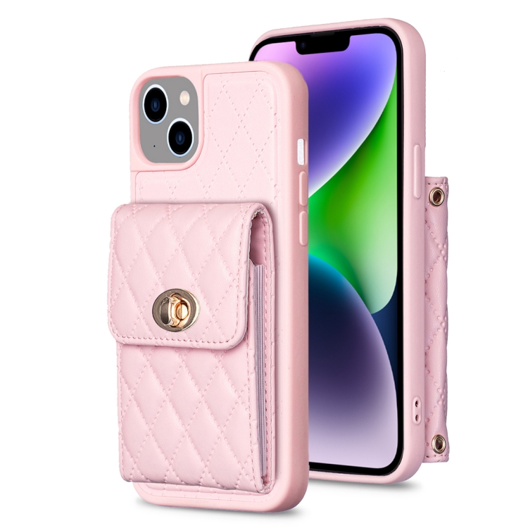 

For iPhone 14 Plus Vertical Metal Buckle Wallet Rhombic Leather Phone Case(Pink)