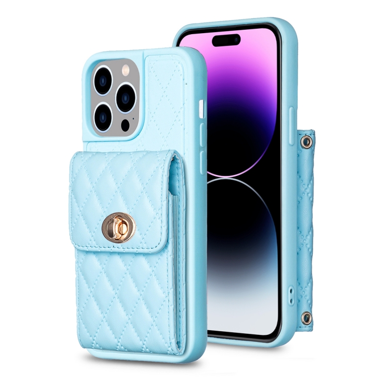 

For iPhone 14 Pro Vertical Metal Buckle Wallet Rhombic Leather Phone Case(Blue)