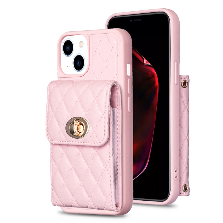 

For iPhone 13 Vertical Metal Buckle Wallet Rhombic Leather Phone Case(Pink)