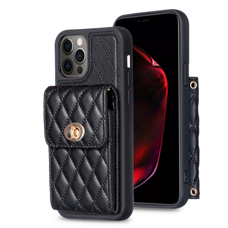 

For iPhone 12 / 12 Pro Vertical Metal Buckle Wallet Rhombic Leather Phone Case(Black)