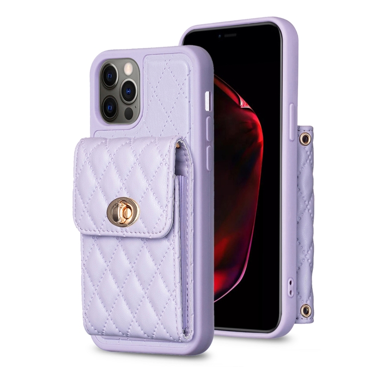 

For iPhone 12 Pro Max Vertical Metal Buckle Wallet Rhombic Leather Phone Case(Purple)