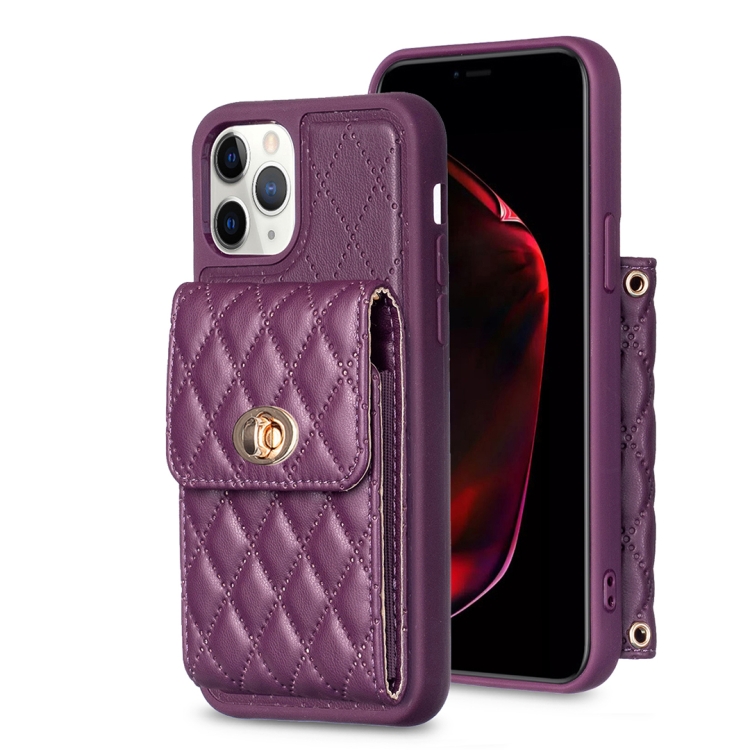

For iPhone 11 Pro Vertical Metal Buckle Wallet Rhombic Leather Phone Case(Dark Purple)