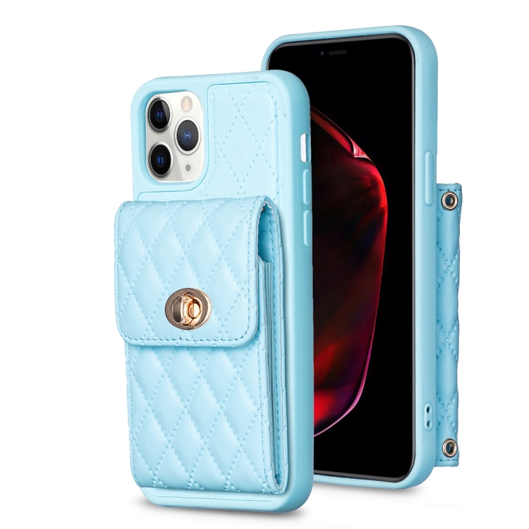 

For iPhone 11 Pro Max Vertical Metal Buckle Wallet Rhombic Leather Phone Case(Blue)