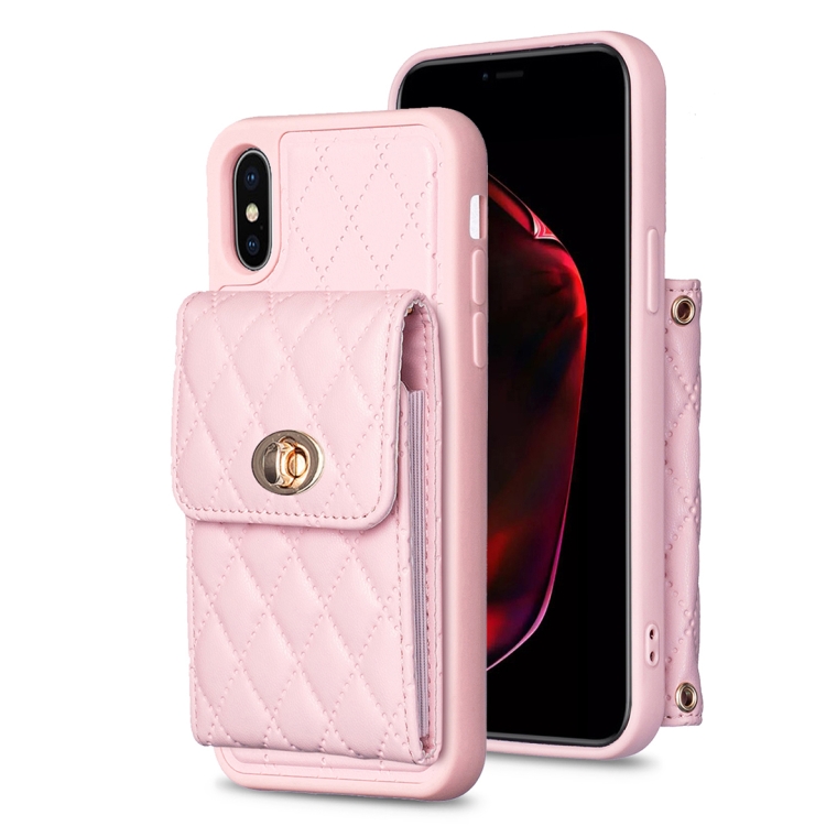 

For iPhone X / XS Vertical Metal Buckle Wallet Rhombic Leather Phone Case(Pink)