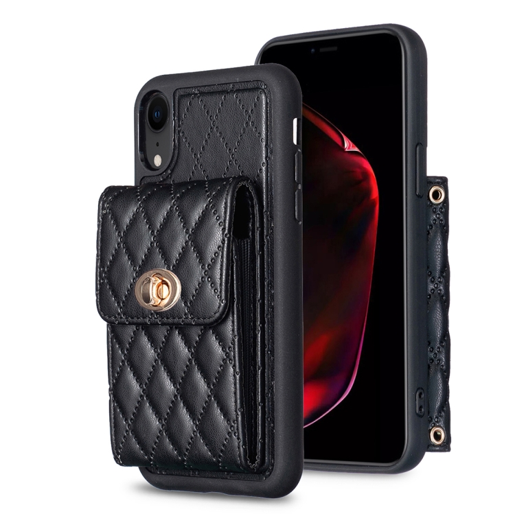 

For iPhone XR Vertical Metal Buckle Wallet Rhombic Leather Phone Case(Black)
